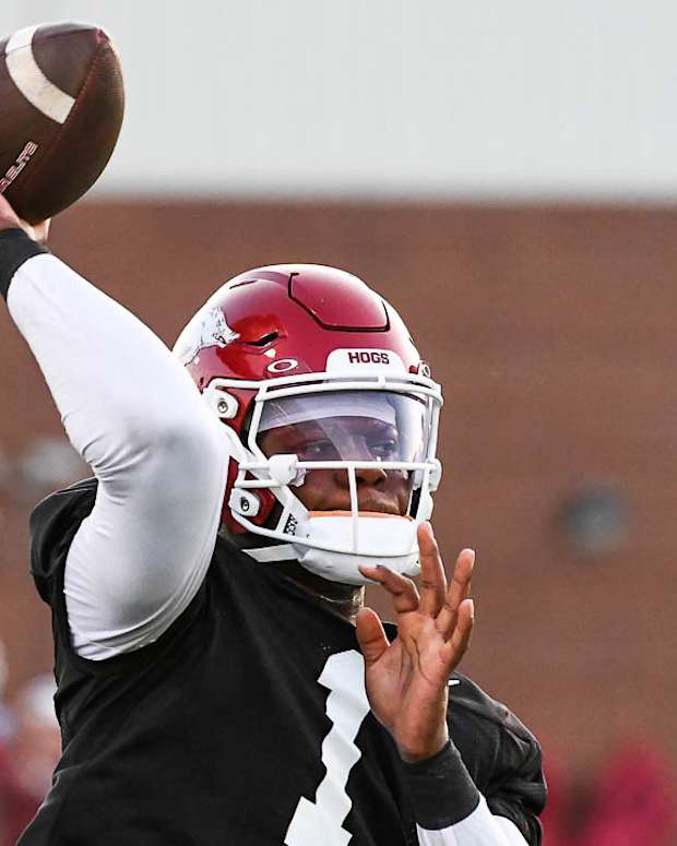 Razorbacks quarterback KJ Jefferson during Friday morning's practice